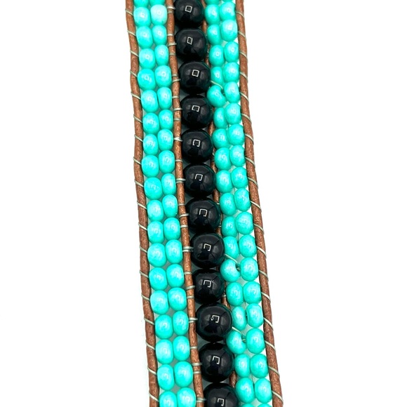 HAND CRAFTED Turquoise and Black Onyx Triple Cuff Leather Bracelet - Picture 11 of 13
